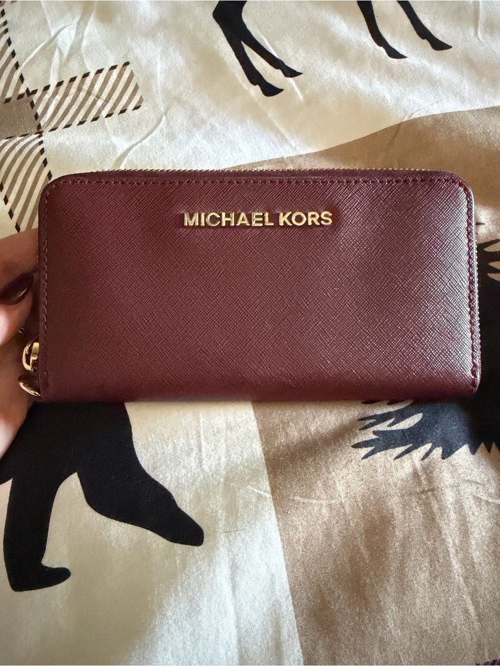 Michael Kors Wine Saffiano Zip-Around Wallet with Gold Logo